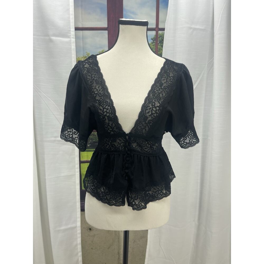 Dark Academia Coquette Black Lace Peplum Top Deep V Gothic Cottagecore Blouse S - Picture 3 of 15